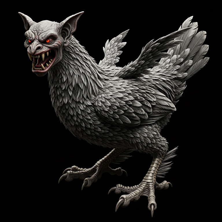 Illustrated chicken with a goblin head, on black background